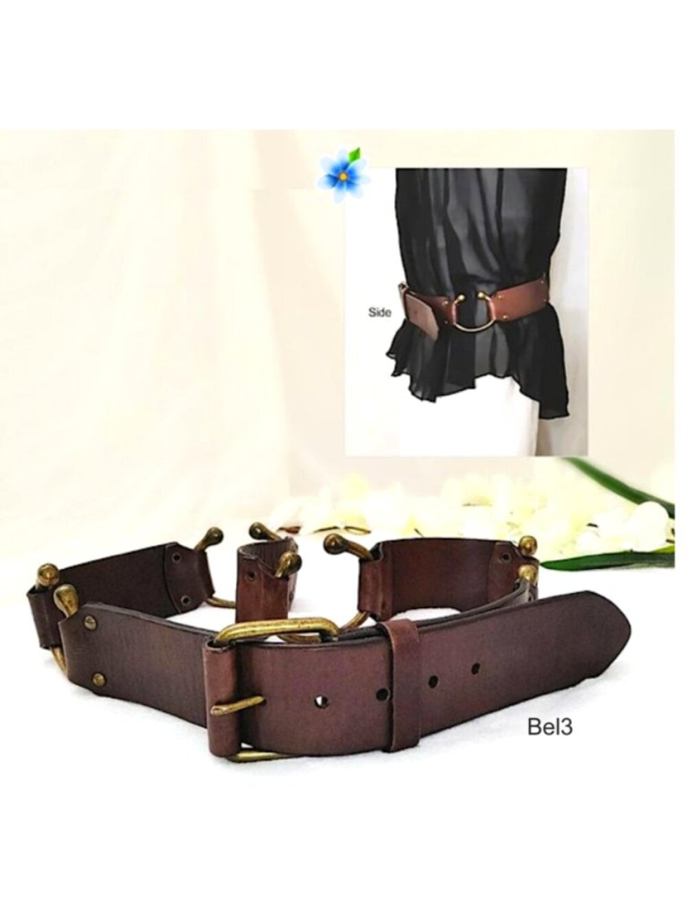 Handmade Belt Brown Genuine Leather Brass Tongue Buckle Antiqued Horseshoe Links